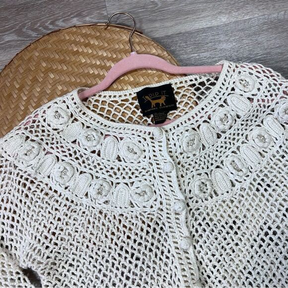 Vintage crochet 90’s cardigan with 3d flowers & pearls cottagecore dainty S‎ - Picture 3 of 8